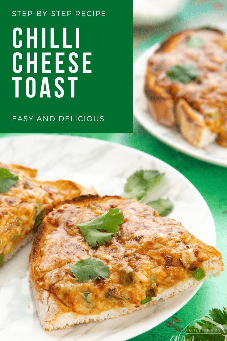 Two pieces of chilli cheese toast  on a white marbled plate, scattered with coriander. Caption reads: step-by-step recipe chilli cheese toast easy and delicious
