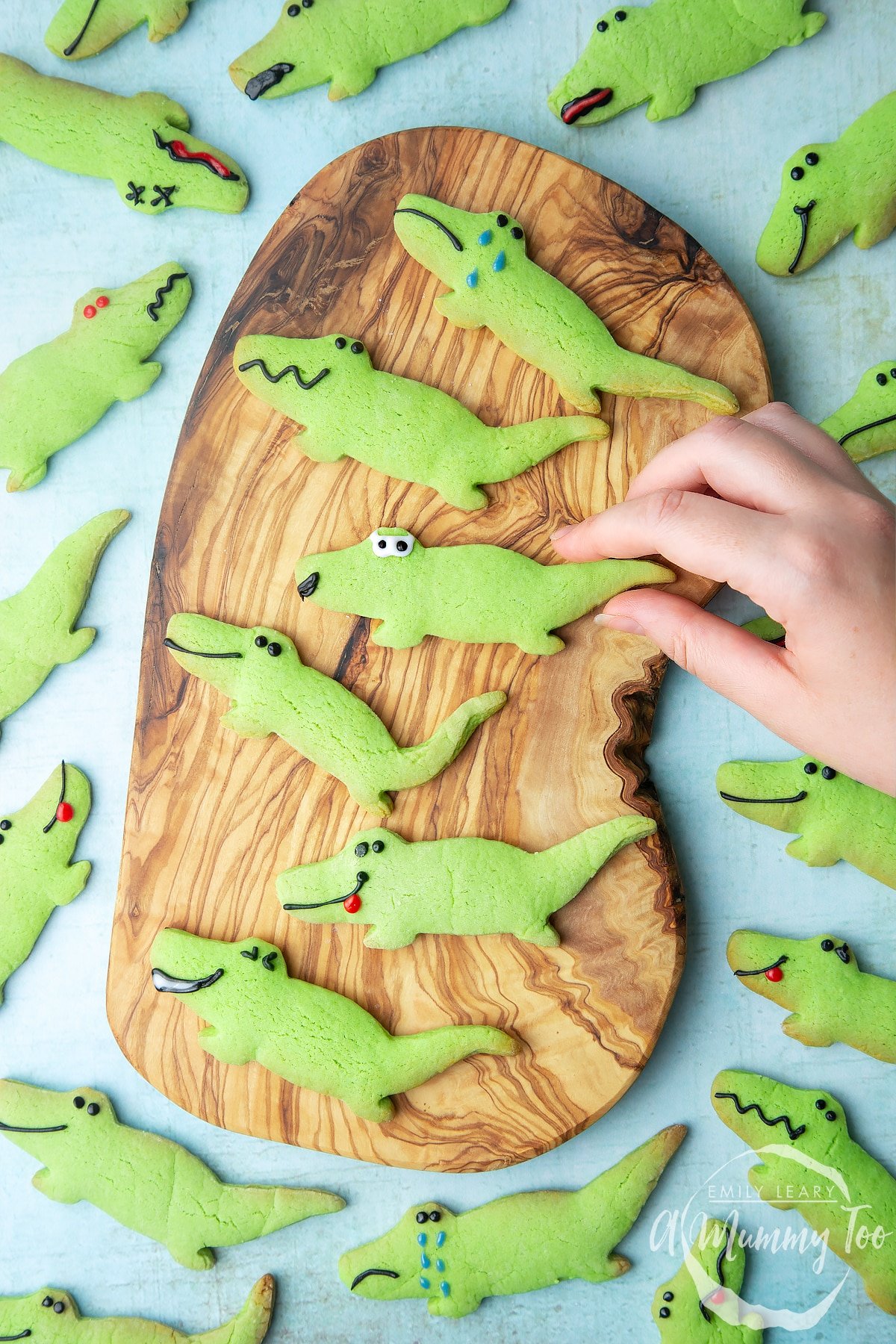 Overhead shot of a hand holding a Crocodile cookie with a mummy too logo in the lower-right corner