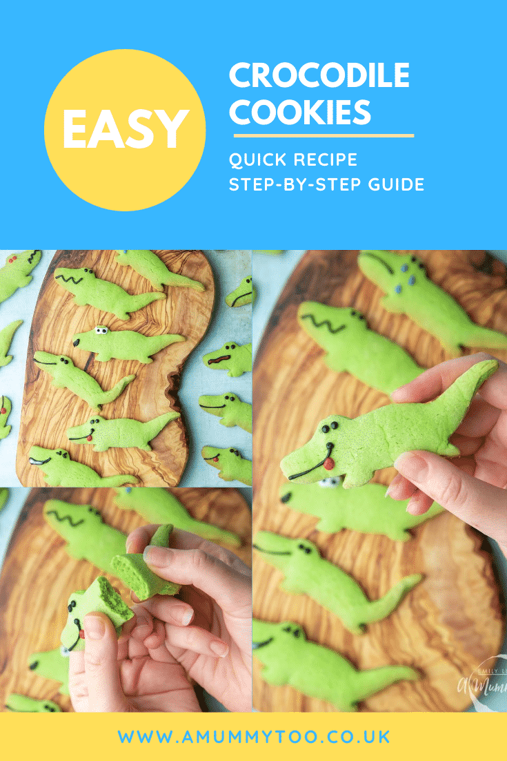graphic text EASY CROCODILE COOKIES QUICK RECIPE STEP-BY-STEP GUIDE collage of three photos of Crocodile sugar cookies with website URL below