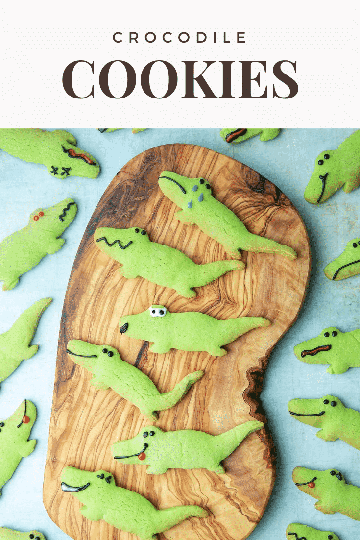 graphic text CROCODILE COOKIES above Overhead shot of green animal cookies