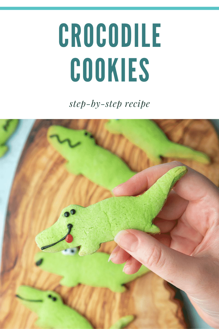 graphic text CROCODILE COOKIES step-by-step recipe above Overhead shot of a hand holding a Crocodile sugar cookie