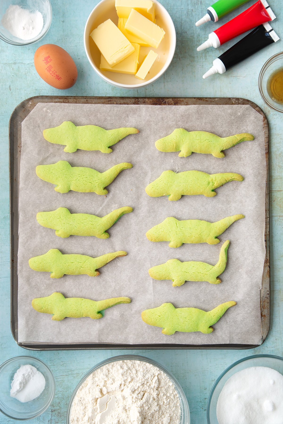 Crocodile cookies having been in the oven.