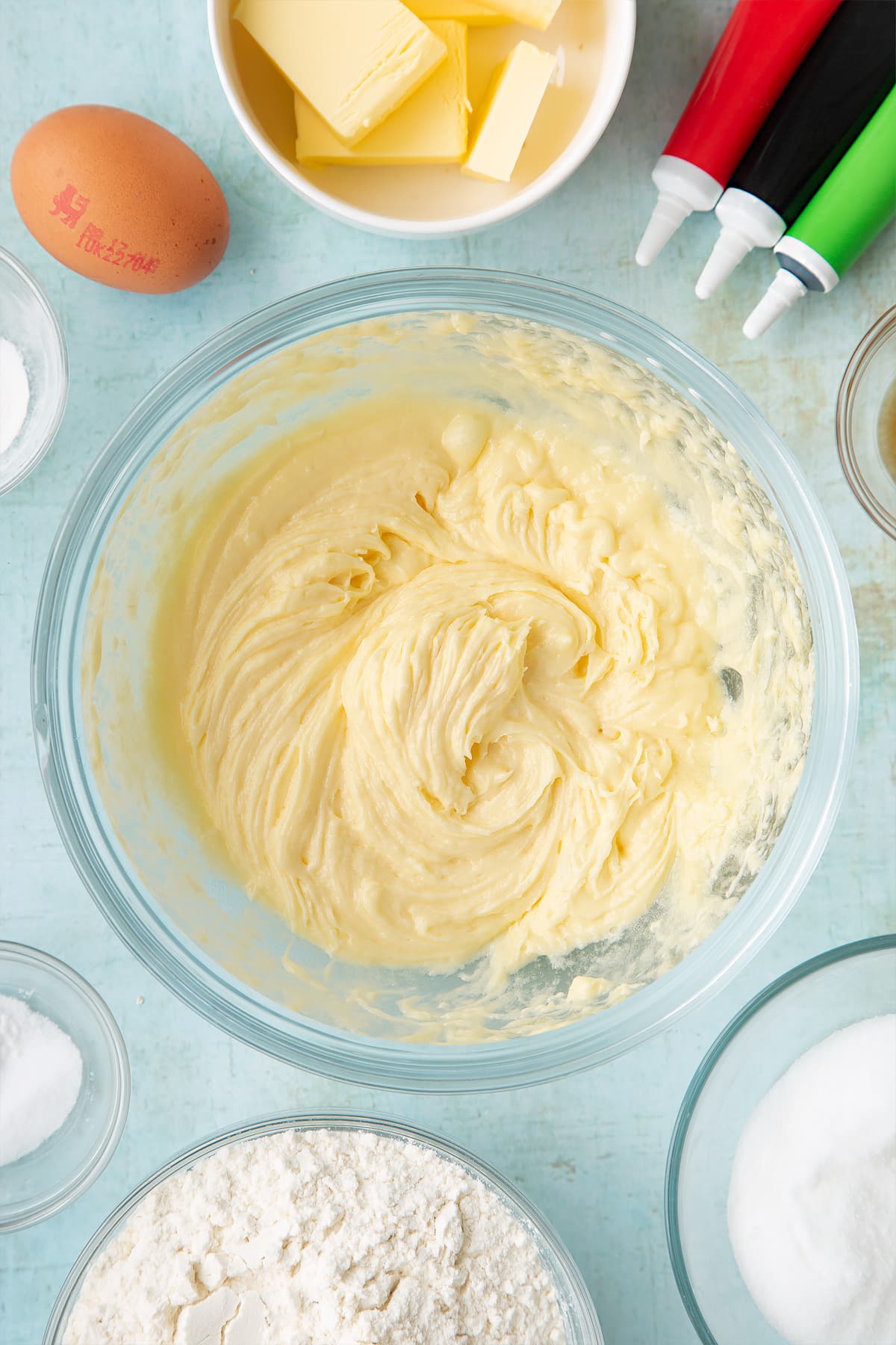 Overhead shot of butter mix in a clear bowl