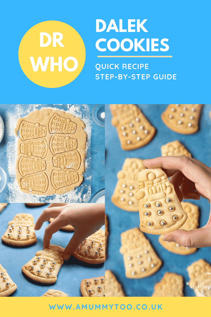 A collage of Dalek cookies decorated with silver candy balls. Caption reads: Dr Who Dalek cookies quick recipe step-by-step guide