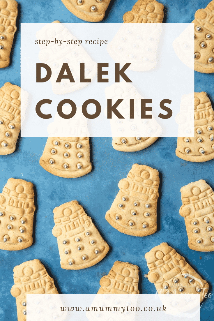 Dalek cookies decorated with silver candy balls on a blue background. Caption reads: step-by-step recipe Dalek cookies