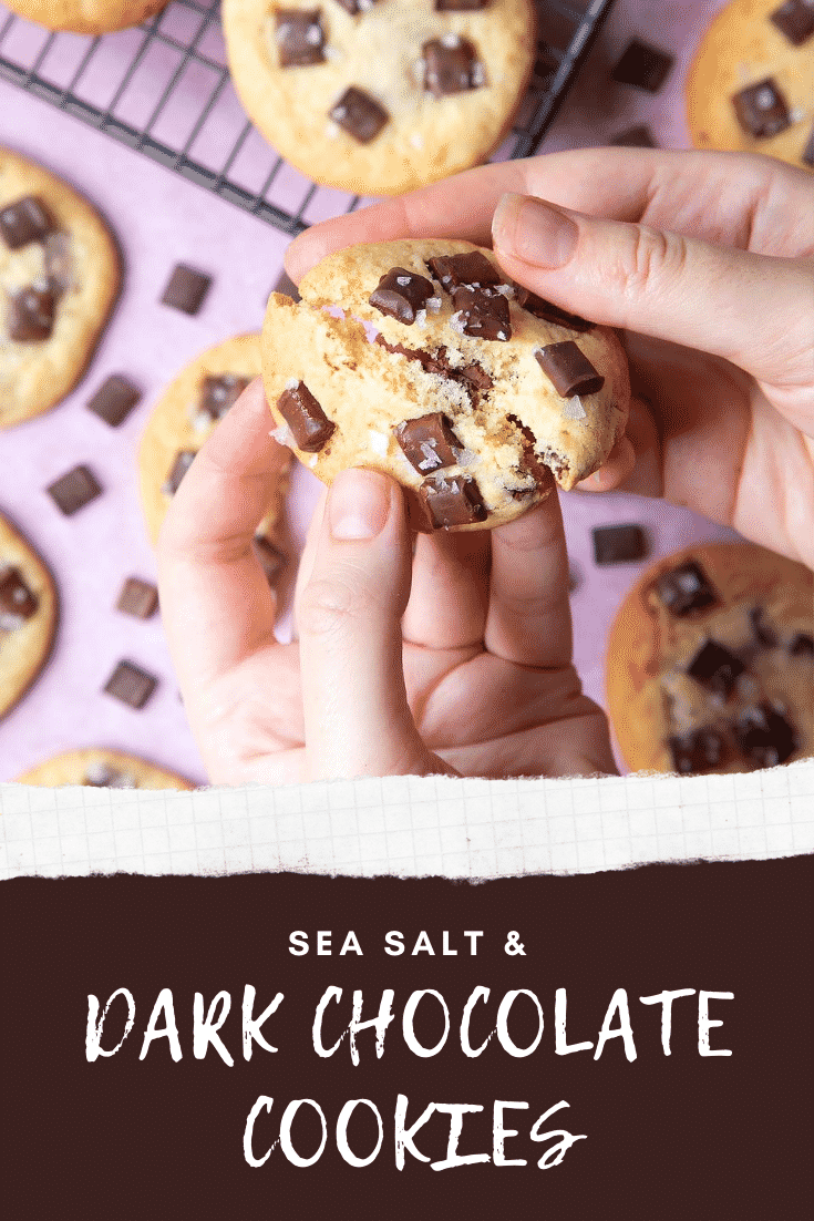 Overhead shot of a hand breaking a sea salt choco cookie above graphic text SEA SALT & DARK CHOC COOKIES