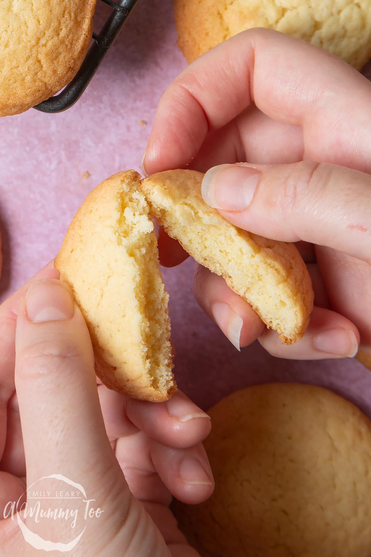 Overhead shot of a hand holding a Elderflower cookie with a mummy too logo in the lower-left corner