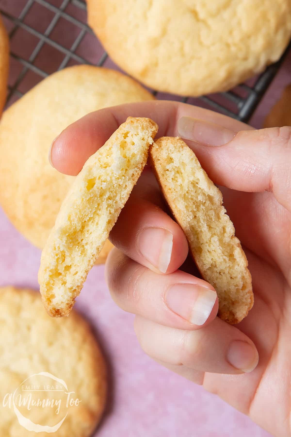 Overhead shot of a hand holding a Elderflower cookie with a mummy too logo in the lower-left corner