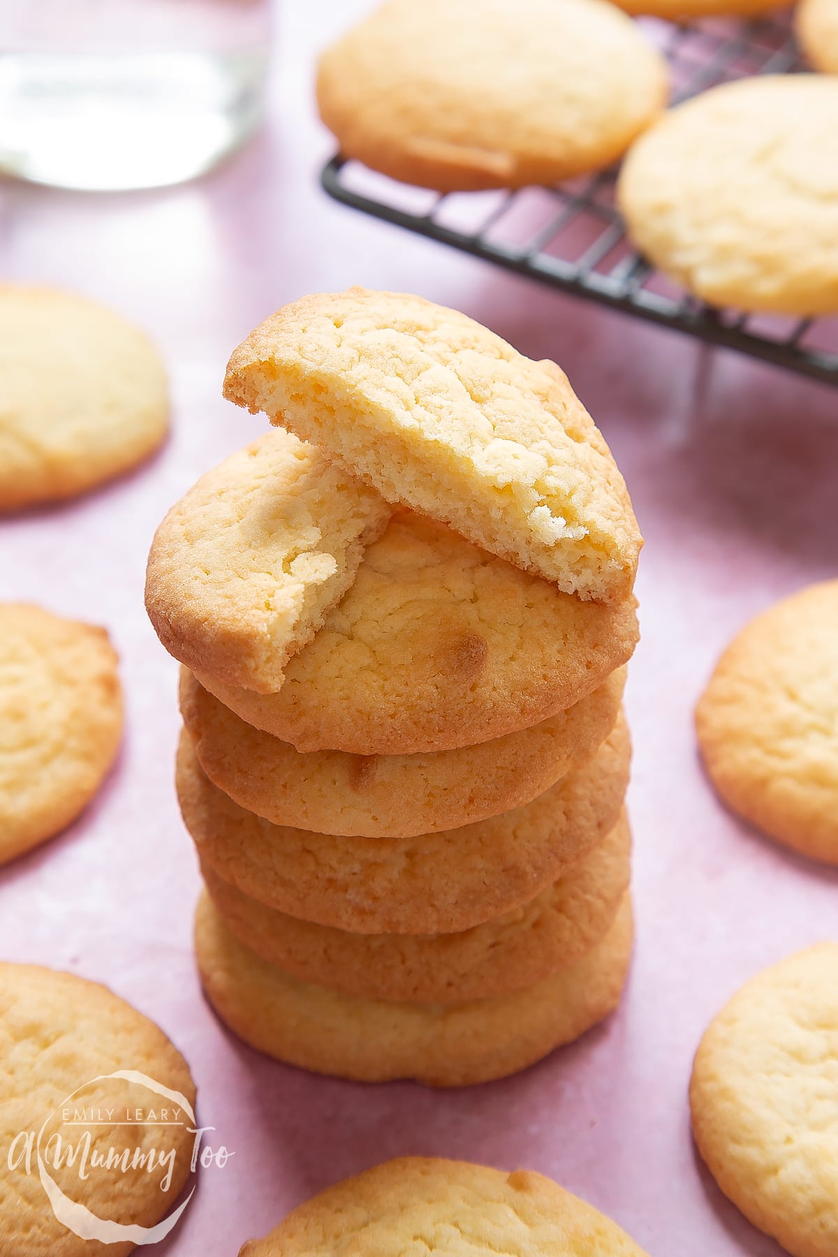 Front angle shot of a stack of Elderflower cookies with a mummy too logo in the lower-left corner