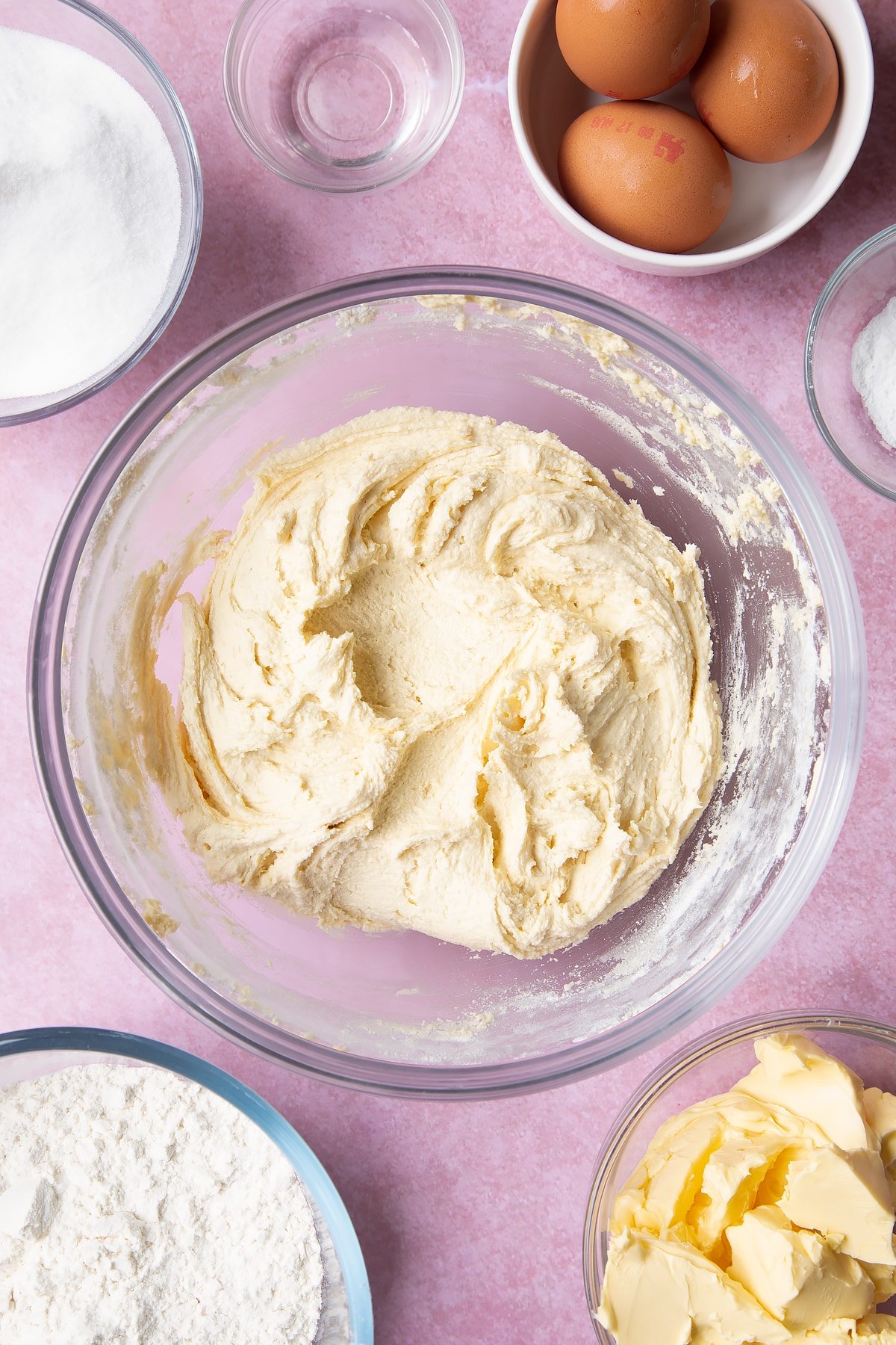 Overhead shot of cookie dough in a mixing bowl