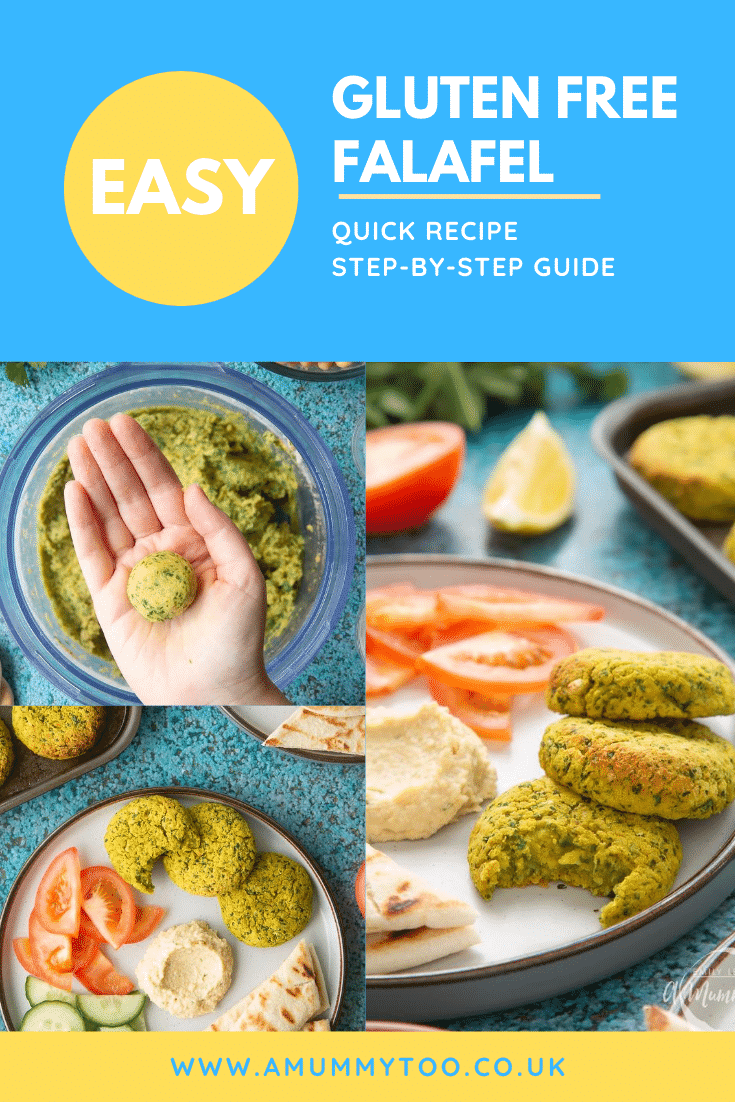 Collage of images of gluten-free falafel on a plate with tomatoes, cucumber, hummus and griddled flatbread. Caption reads: easy gluten free falafel quick recipe step-by-step guide