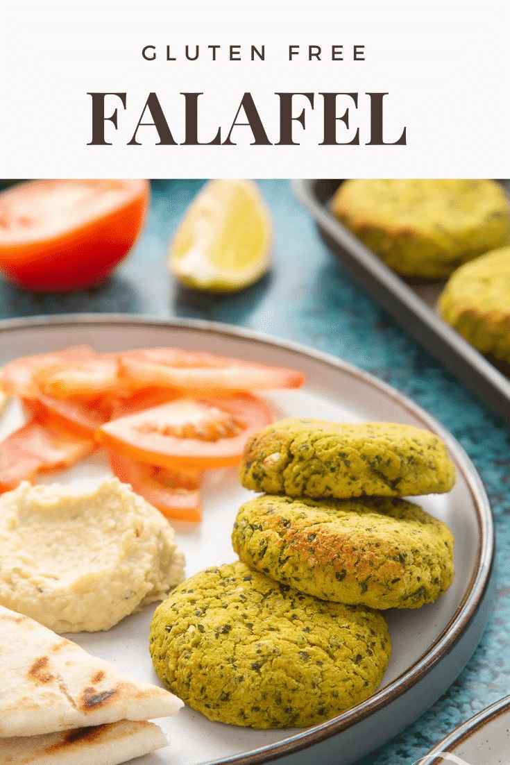 Gluten-free falafel arranged on a plate with tomatoes, cucumber, hummus and griddled flatbread. Caption reads: gluten free falafel