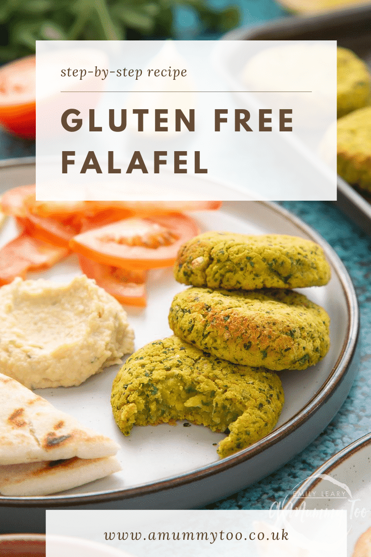 Gluten-free falafel on a plate with tomatoes, cucumber, hummus and griddled flatbread. Caption reads: step-by-step recipe gluten free falafel
