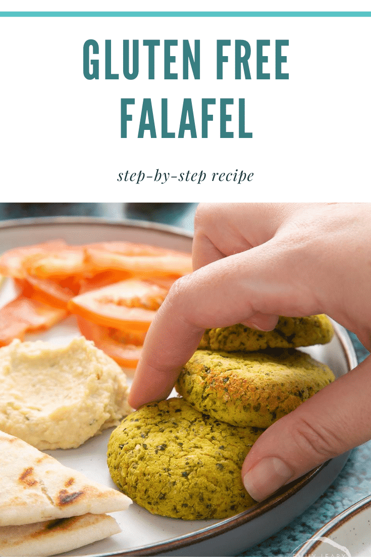 Gluten-free falafel on a plate with tomatoes, cucumber, hummus and griddled flatbread. Caption reads: gluten free falafel step-by-step recipe