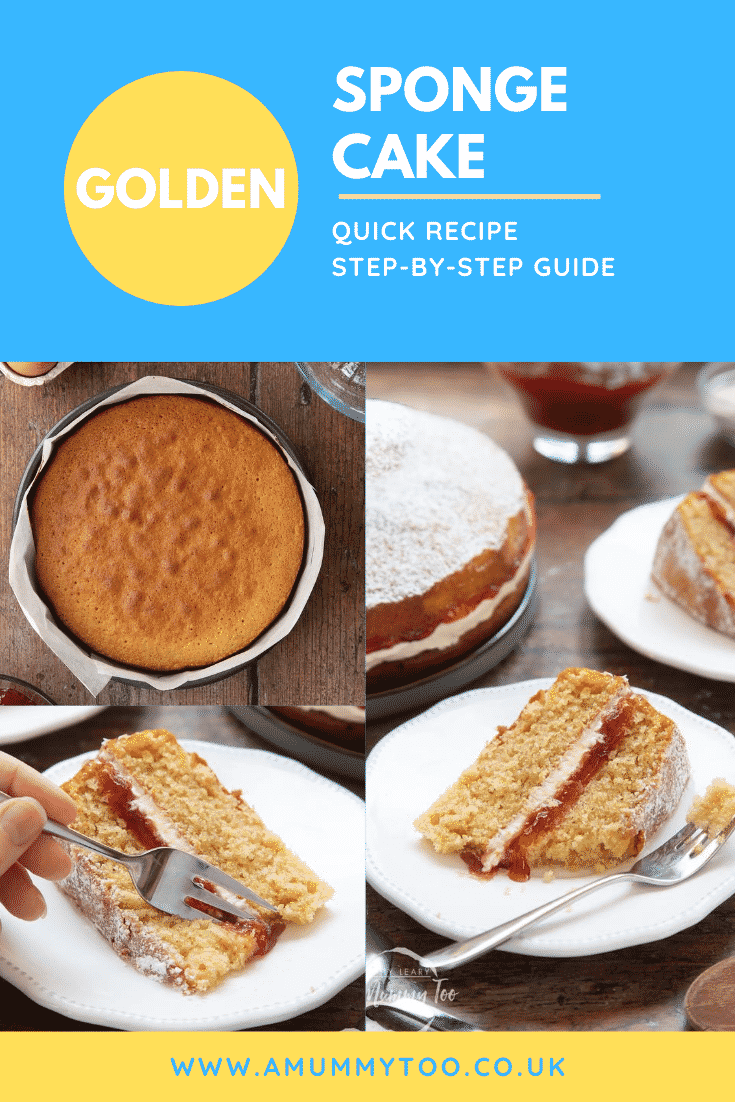 graphic text GOLDEN SPONGE CAKE QUICK RECIPE STEP-BY-STEP GUIDE above collage of three photos of sponge cake with website URL below