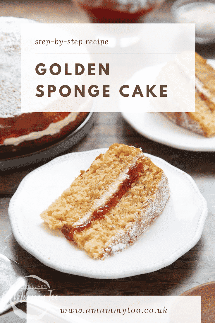 graphic text step-by-step recipe GOLDEN SPONGE CAKE above a golden sponge cake served on a white plate with website URL below