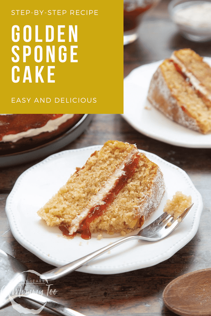 graphic text STEP-BY-STEP RECIPE GOLDEN SPONGE CAKE EASY AND DELICIOUS above Front angle shot of jammy golden sponge cake sandwich with a mummy too logo in the lower-left corner