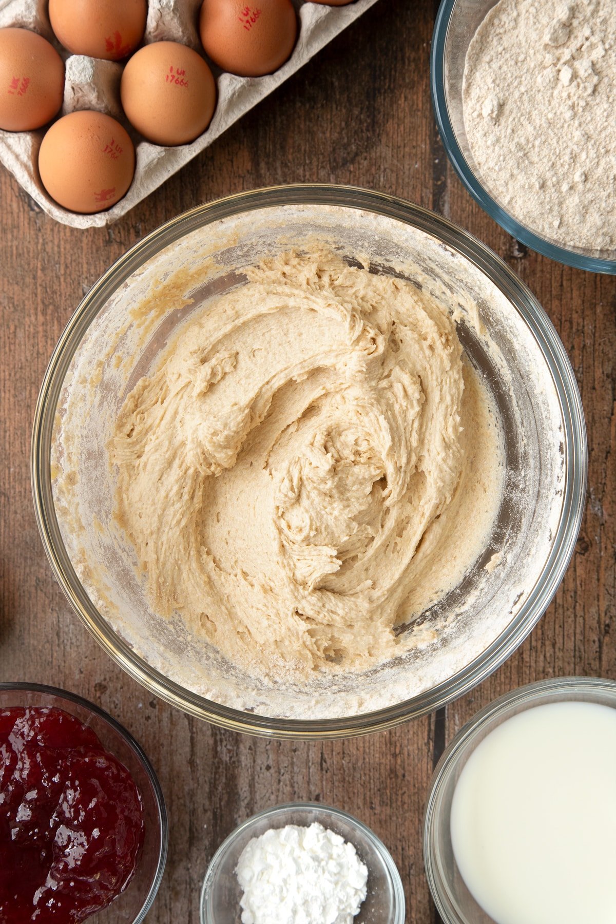 Overhead shot of dough in a bowl