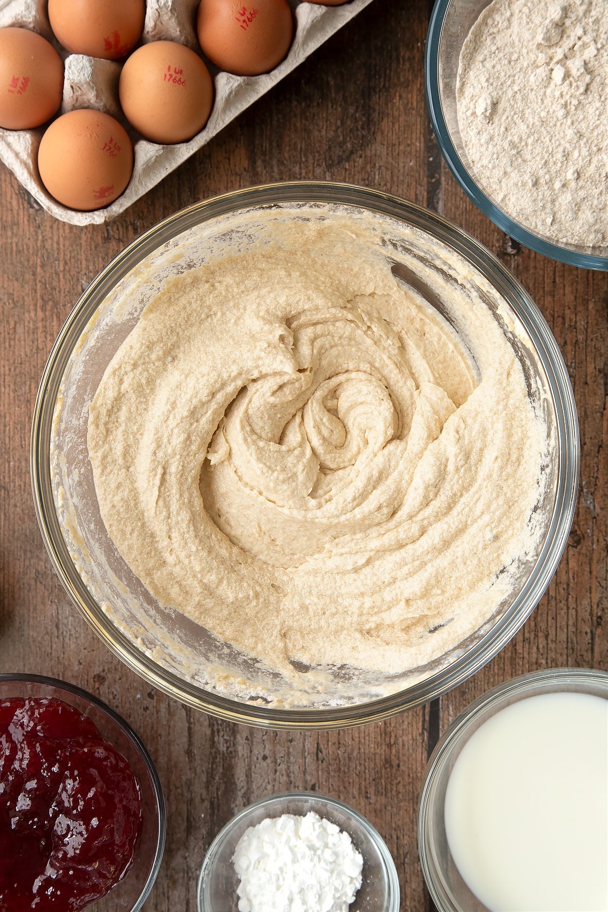 Overhead shot of mixed dough in a bowl