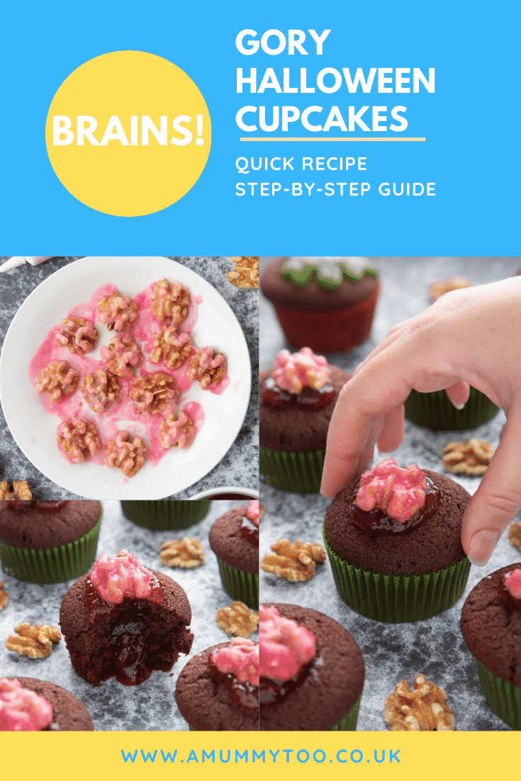 A collage of gory Halloween cupcakes on a black background. The cupcakes are filled with jam and topped with pink candied walnuts that look like brains. Caption: Brains! Gory Halloween cupcakes. Quick recipe. Step-by-step guide.