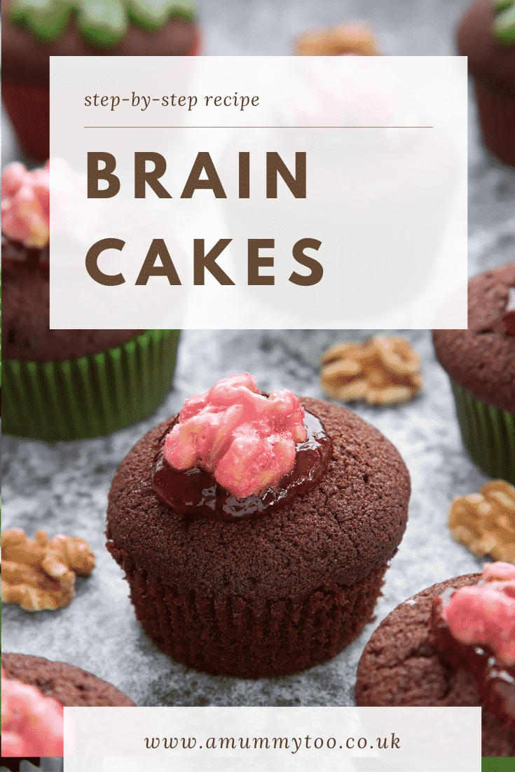 Gory Halloween cupcakes on a black background. The cupcakes are filled with jam and topped with pink candied walnuts that look like brains. Caption: Step-by-step recipe. Brain cakes.