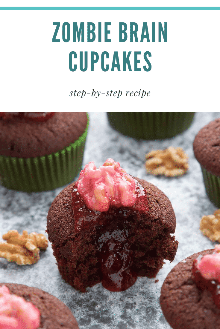 Gory Halloween cupcakes on a black background. The cupcakes are filled with jam and topped with pink candied walnuts that look like brains. Caption: Zombie brain cupcakes. Step-by-step recipe. 