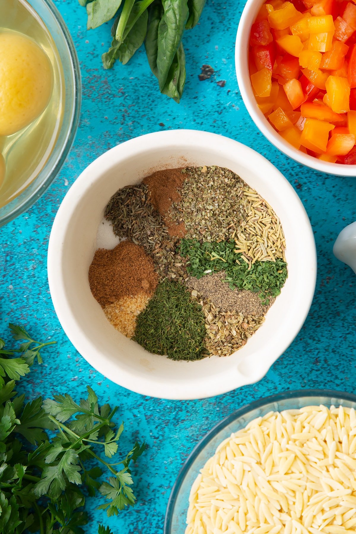 Spices and herbs in a mortar.