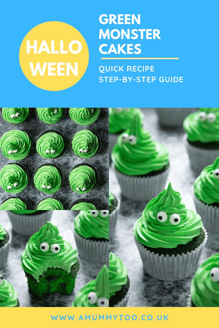 Collage showing green monster cakes made with dyed-green chocolate chip cupcakes topped with green peppermint frosting with added candy eyes. Caption reads: Halloween green monster cakes. Quick recipe. Step-by-step guide.