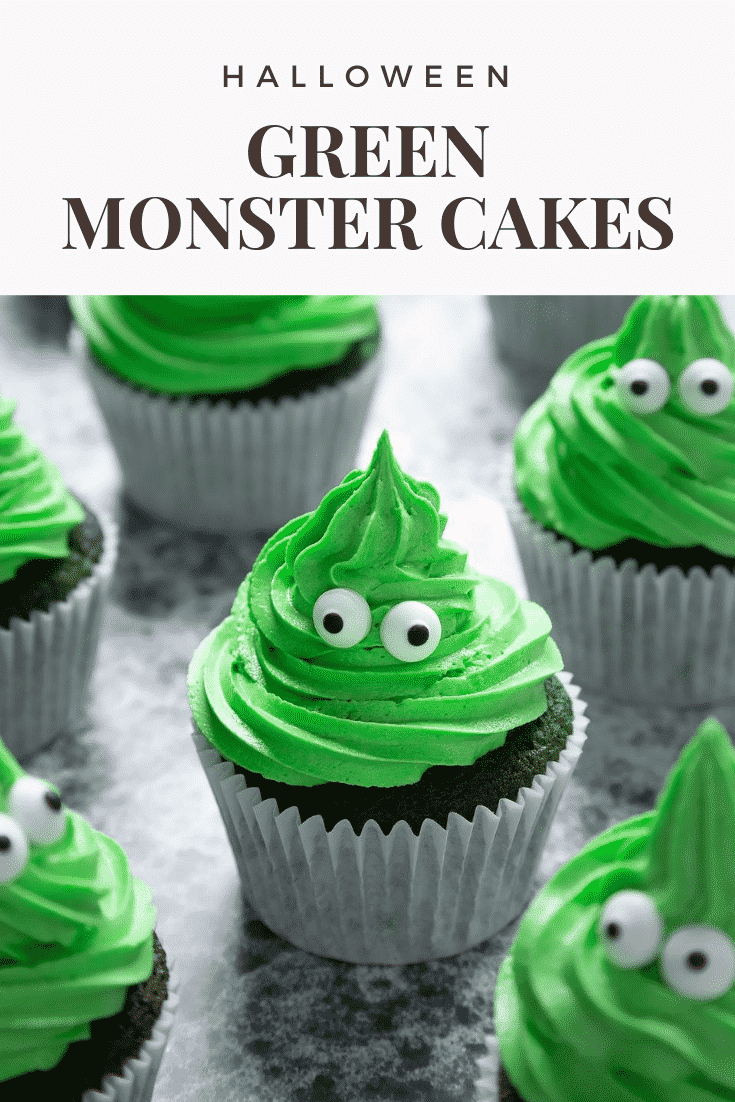 Green monster cakes made with dyed-green chocolate chip cupcakes topped with green peppermint frosting with added candy eyes. Caption reads: Halloween green monster cakes