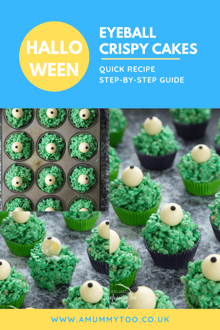 Collage of Halloween crispy cakes, dyed green and topped with white chocolate spheres decorated to look like eyeballs. Caption reads: Halloween eyeball crispy cakes. Quick recipe. Step-by-step guide.