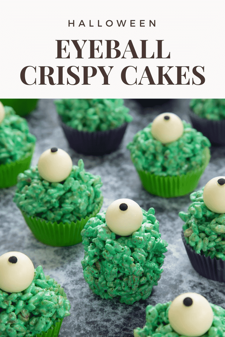 Halloween crispy cakes, dyed green and topped with white chocolate spheres decorated to look like eyeballs. One is unwrapped. Caption reads: Halloween eyeball crispy cakes