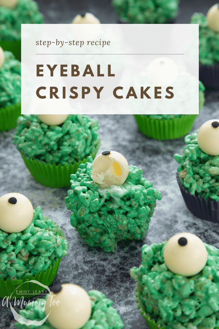 Halloween crispy cakes, dyed green and topped with white chocolate spheres decorated to look like eyeballs. One has been bitten. Caption reads: Step-by-step recipe eyeball crispy cakes