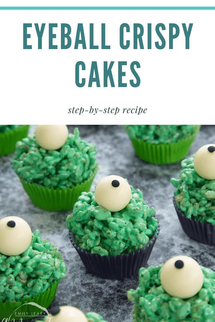 Halloween crispy cakes, dyed green and topped with white chocolate spheres decorated to look like eyeballs. Caption reads: Eyeball crispy cakes step-by-step recipe