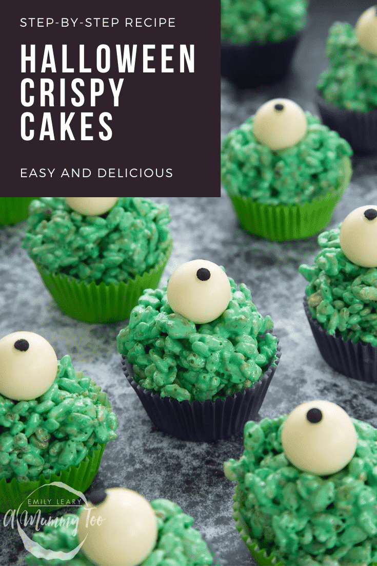 Halloween crispy cakes, dyed green and topped with white chocolate spheres decorated to look like eyeballs. Caption reads: Step-by-step recipe. Eyeball crispy cakes. Easy and delicious.