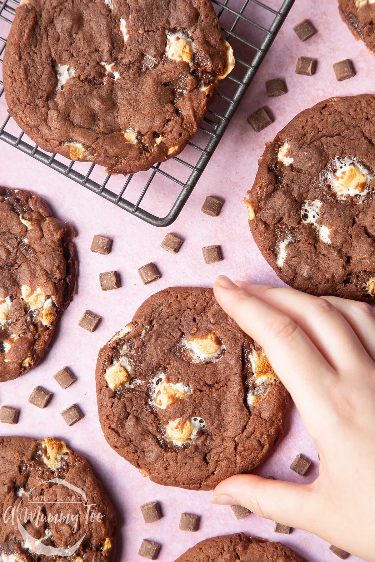 Overhead shot of a hand holding an ultimate marshmallow cookie with a mummy too logo in the lower-left corner