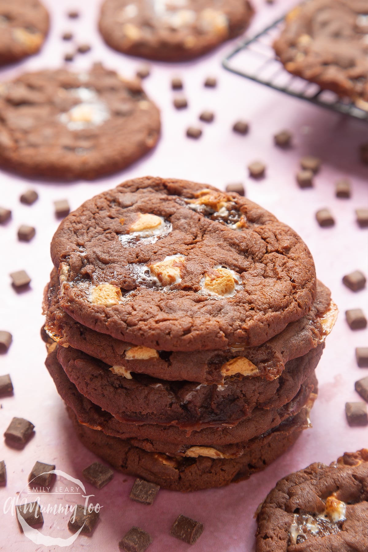 Front angle shot of stacked marshmallow cookies with a mummy too logo in the lower-left corner