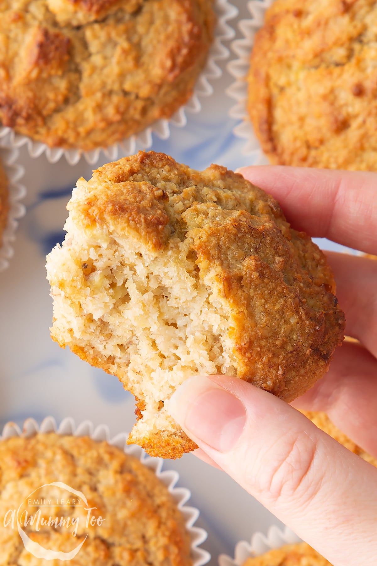 Front angle shot of a hand holding a half eaten breakfast Oat bran muffin with a mummy too logo in the lower-left corner