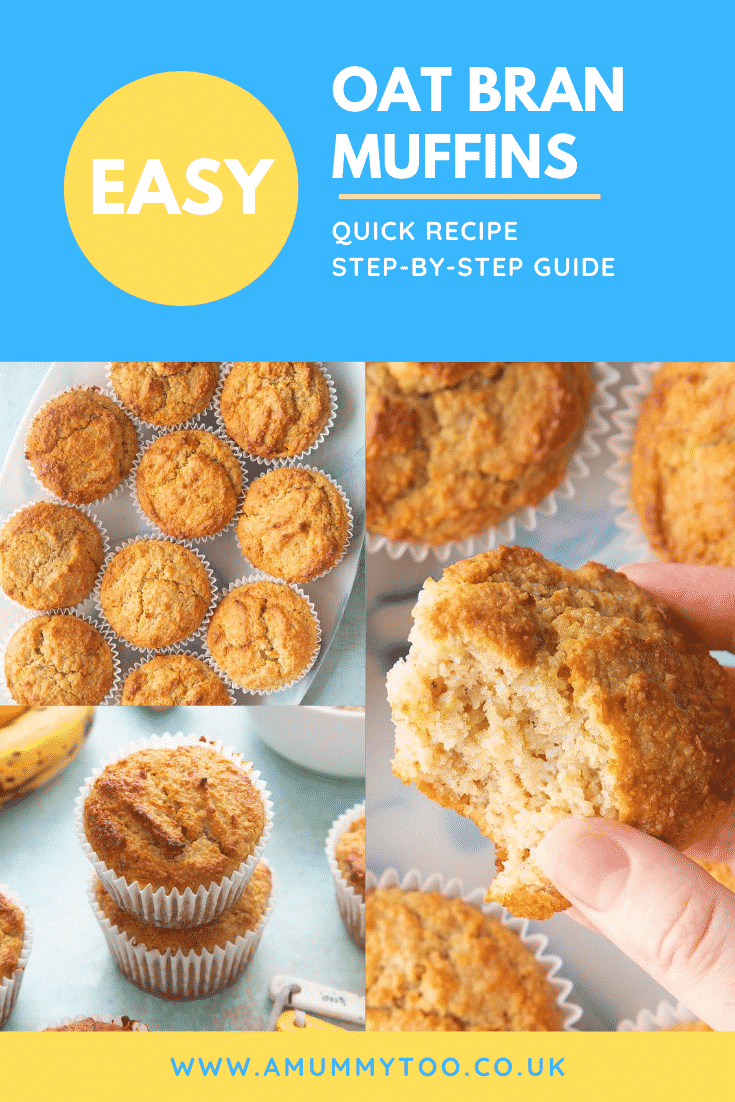 Graphic EASY OAT BRAN MUFFINS QUICK RECIPE STEP-BY-STEP GUIDE above collage of three photos of granola bran muffins with website URL below