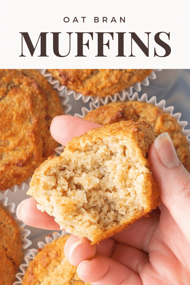 Graphic text OAT BRAN MUFFINS above overhead shot of half eaten breakfast oat muffin