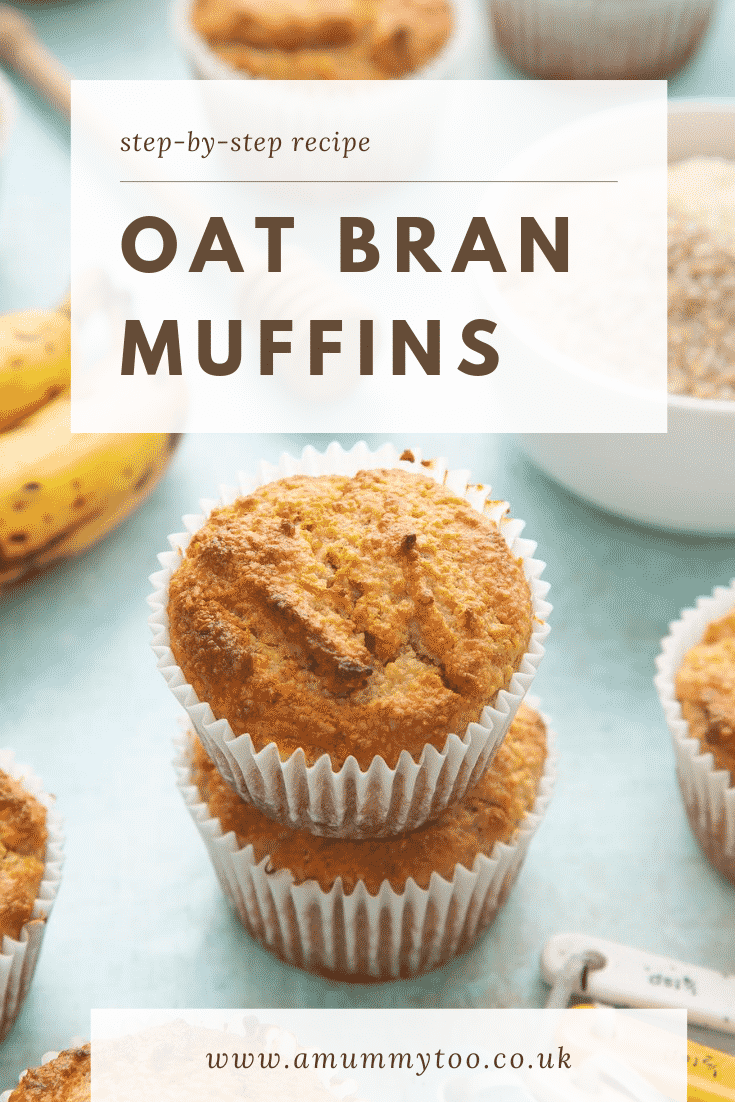 Graphic text step-by-step recipe OAT BRAN MUFFINS above front angle shot of stacked breakfast oat granola muffins with website URL below