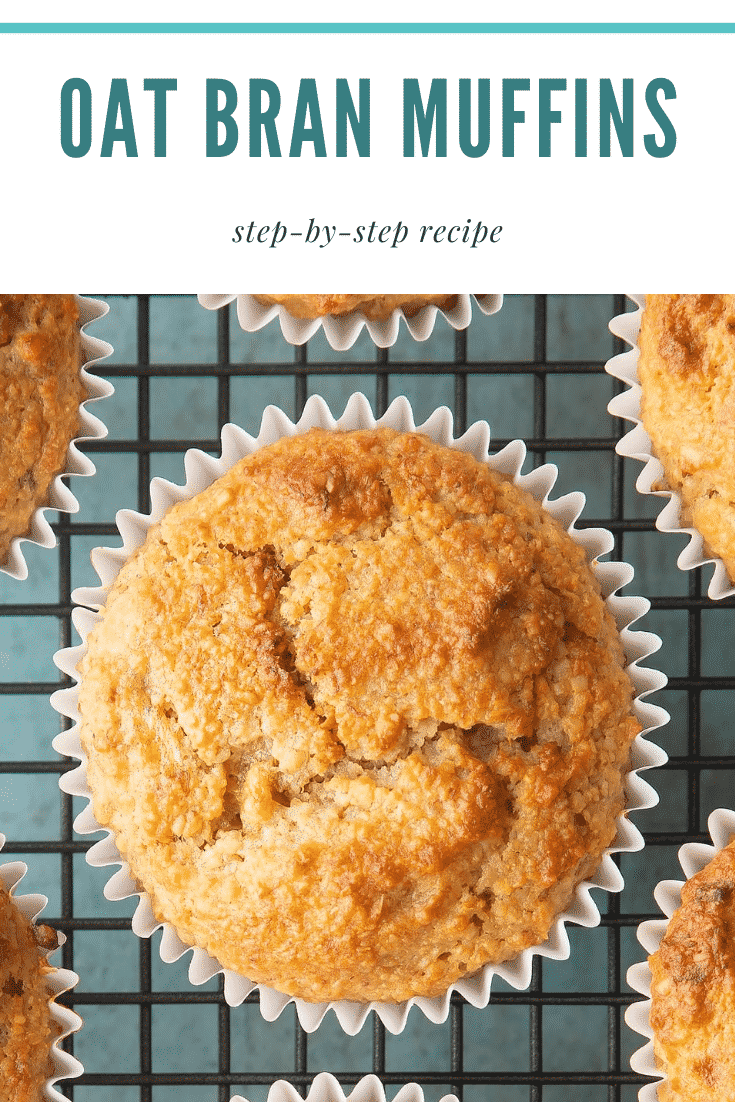 Graphic text OAT BRAN MUFFINS step-by-step recipe above overhead shot of breakfast oat granola muffin