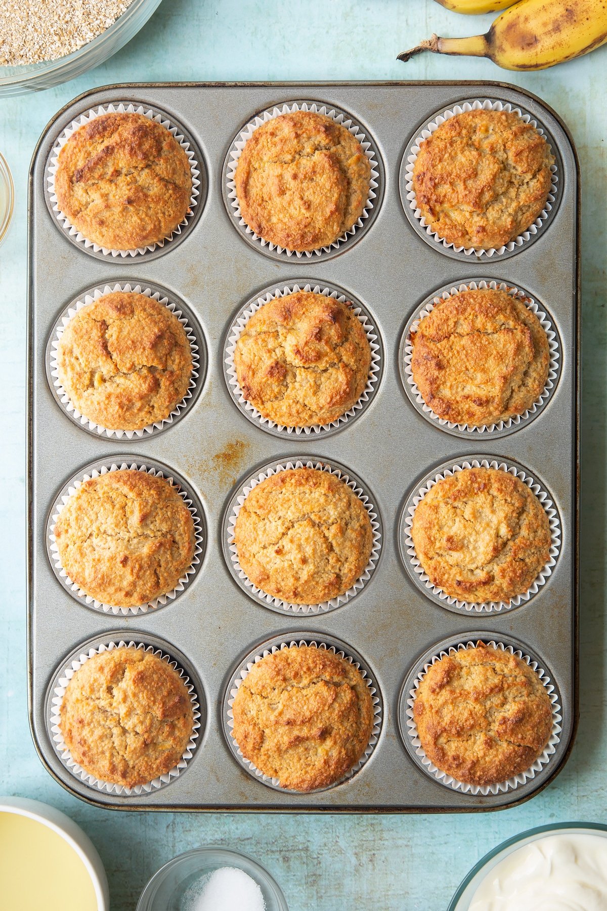 Overhead shot of breakfast granola muffins in muffin tray