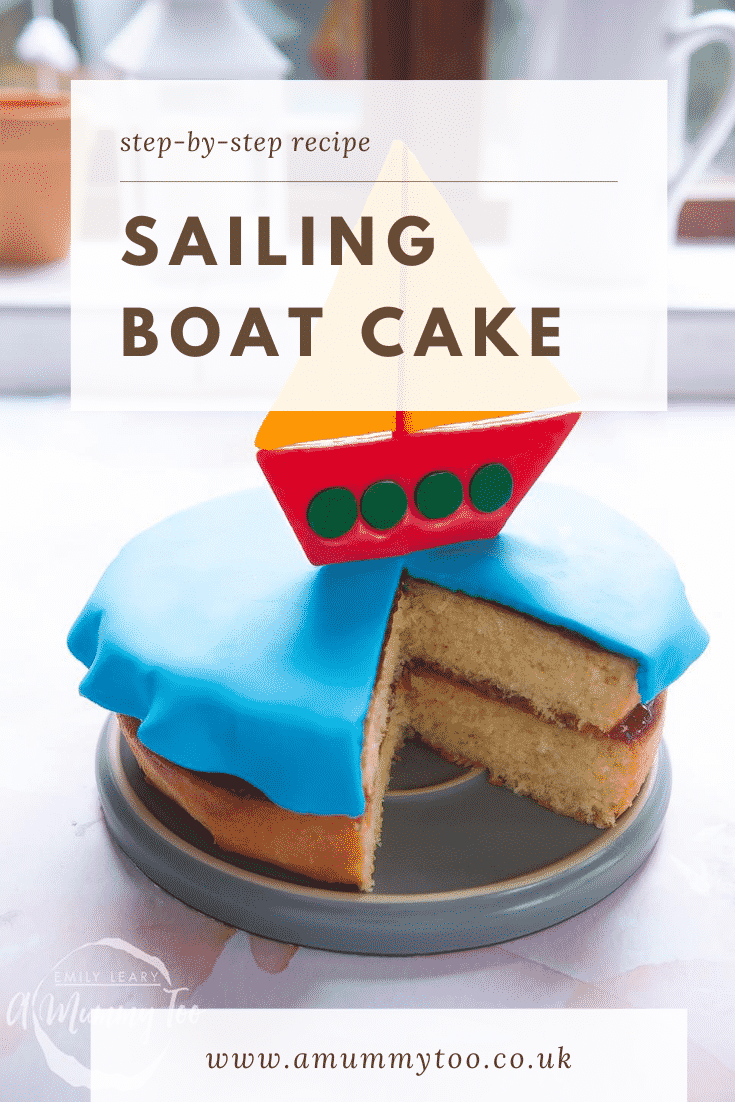 graphic text step-by-step recipe SAILING BOAT CAKE above a boat-themed cake with website URL below