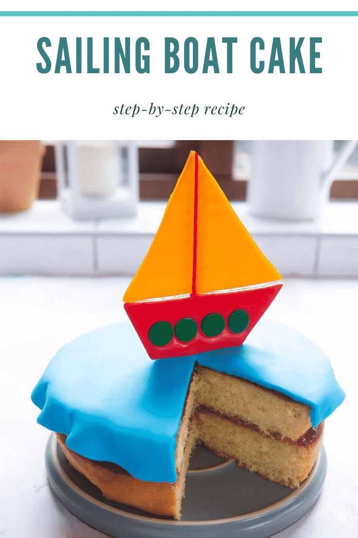 graphic text SAILING BOAT CAKE step-by-step recipe above a blue boat themed cake