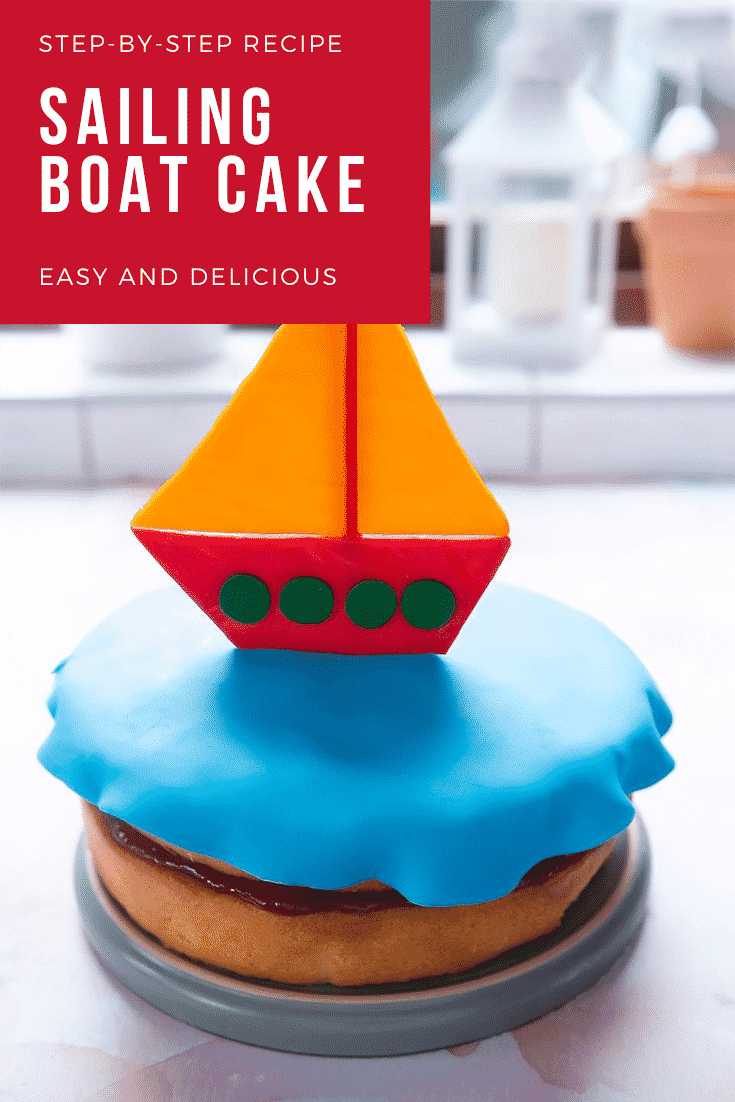 graphic text SAILING BOAT CAKE STEP-BY-STEP RECIPE EASY AND DELICIOUS above a sailing boat birthday cake