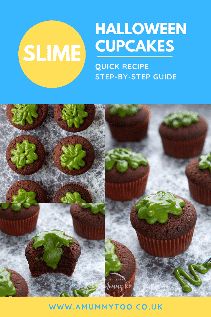 A collage of slime cupcakes on a black backdrop. The cakes have a chocolate sponge topped with dyed-green caramel. Caption reads: slime Halloween cupcakes quick recipe step-by-step guide