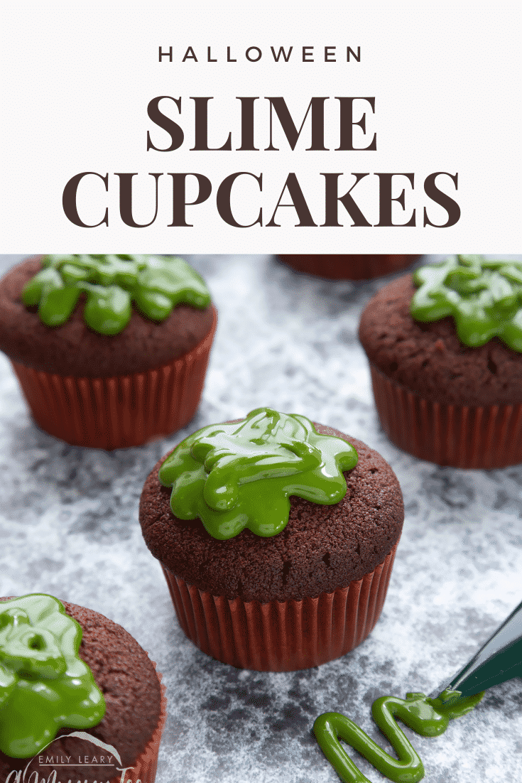 Slime cupcakes on a black backdrop. The cakes have a chocolate sponge filled with dyed-green caramel. Caption reads: Halloween slime cupcakes