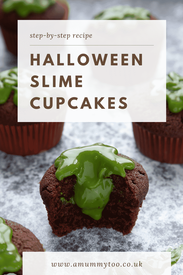 Slime cupcakes on a black backdrop. The cakes have a chocolate sponge topped with dyed-green caramel. One cake has been bitten into. Caption reads: step-by-step recipe Halloween slime cupcakes