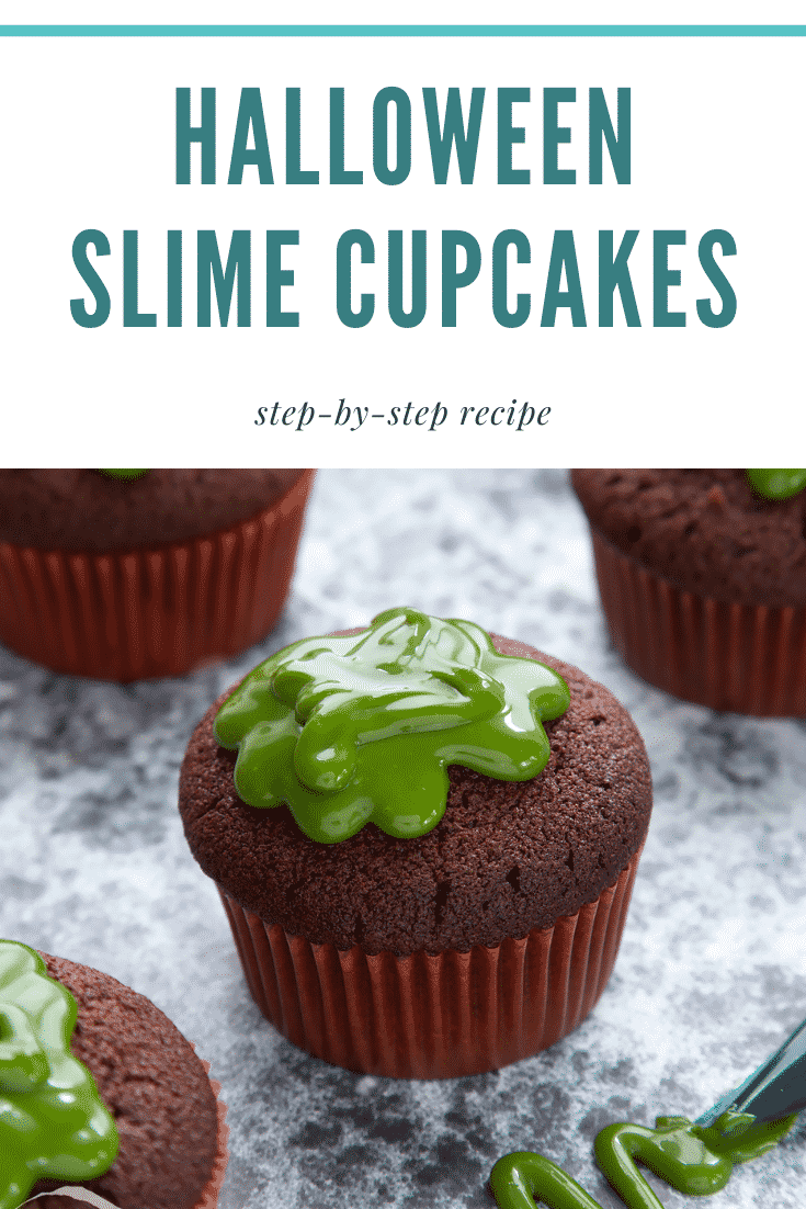 Slime cupcakes on a black backdrop. The cakes have a chocolate sponge topped with dyed-green caramel. Caption reads: Halloween slime cupcakes step-by-step recipe