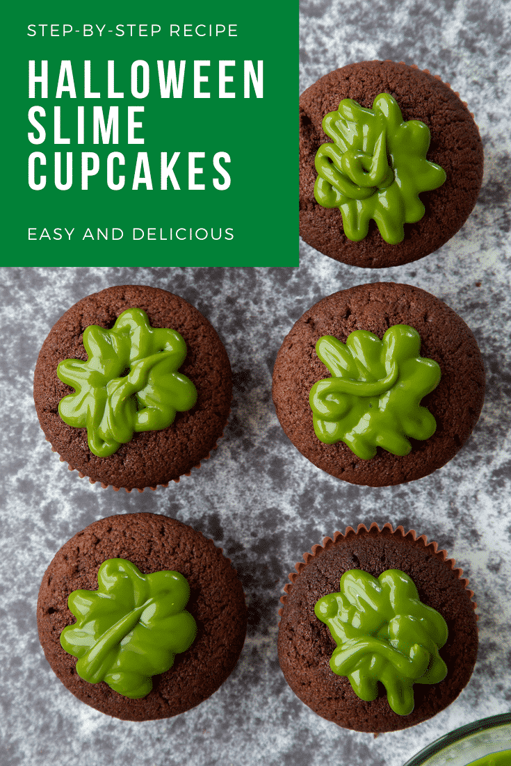 Six chocolate cupcakes shown from above. The cupcakes have been filled with dyed-green caramel. Caption reads: step-by-step recipe halloween slime cupcakes easy and delicious